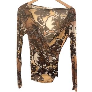 Cache Vintage Y2K Sheer Mesh Floral Wrap Top Long Sleeve Brown Tan V-Neck Large